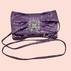 IMAN Purple Jeweled Brooch Snake Embossed Crossbody Clutch Bag Global Chic